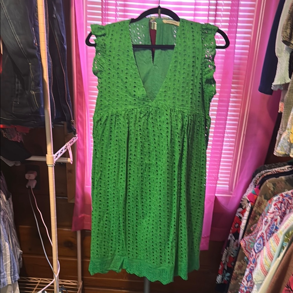 LAVENDER J NWOT Green Eyelet Midi Romper or   Sundress Ruffle  Sleeves Small